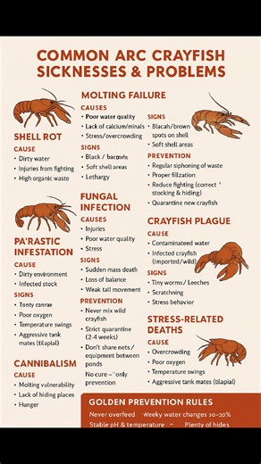 ARC Crayfish Health 101 (SAVE THIS!) Most ARC crayfish don’t die from “unknown diseases” — they die from water issues, stress, and poor prevention. ⚠️ Common problems to watch out for: ❌ Molting failure ❌ Shell rot ❌ Fungal infection ❌ Parasites ❌ Stress-related deaths ❌ Cannibalism ✅ The real cure? PREVENTION ✔ Clean & stable water ✔ Enough hiding places ✔ Proper feeding ✔ Quarantine new stocks ✔ Avoid overcrowding #ARCCrayfish #CrayfishPH #BackyardFarmingPH #CrayfishCare #AquaFarmingPH #PinoyF