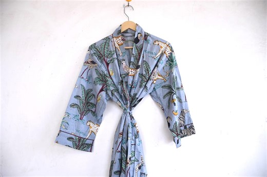 Handmade Cotton Kimono Robe, Floral Block Print, Indian Artisan Loungewear - Etsy
