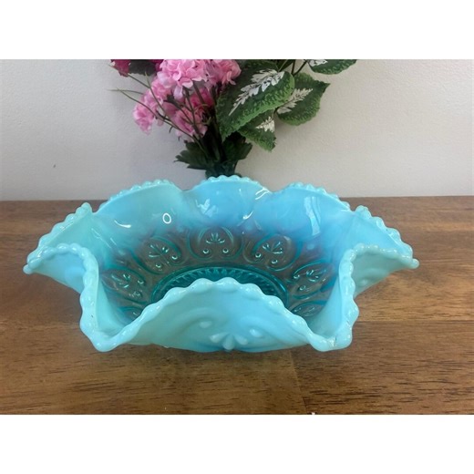 Vintage Blue Milk Glass Bowl Ruffled Edge Scroll Pattern Candy Dish MCM Art - Etsy