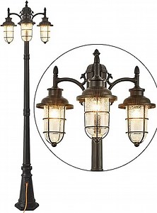 Triple-Head Street Light with Outlet, Nautical Style Outdoor Post Light, IP65 Outdoor Lamp Post Lights with Clear Seeded Glass, Outdoor Street Light Matte Black for Street, Garden, Driveway