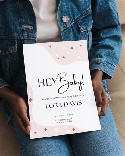 Aesthetic Pink Baby Shower Invitation Template, Gift for Him, Baby Girl Party Invite Editable on Free Canva Printable Digital Download - Etsy