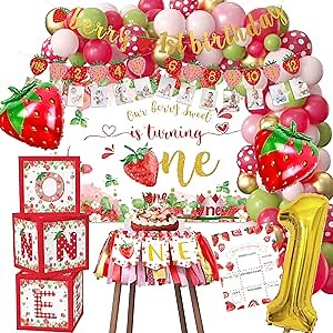 Strawberry 1st Birthday Decorations - Sweet One Strawberry Berry First Birthday Party Supplies, Include, Balloon Boxes, Backdrop, Balloon arch, Highchair Banner