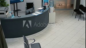 Empty hospital reception desk with lobby and waiting area, medical appointment in healthcare facility. Waiting room with chairs at checkup examination center, modern emergency space.