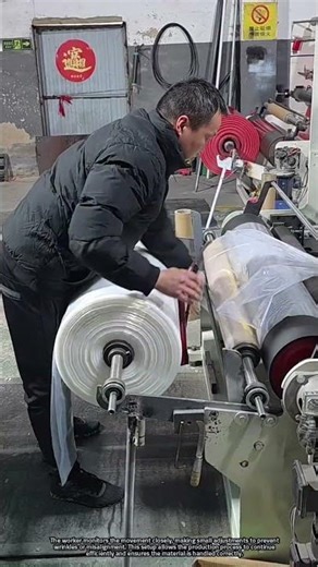 Worker Installing and Aligning a Large Nylon Roll on a Factory Machine