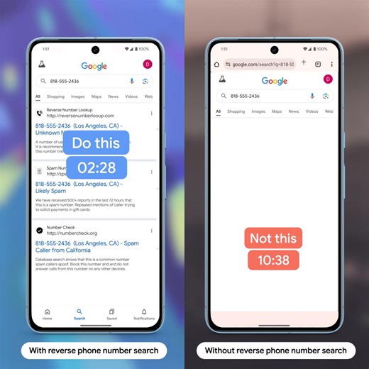 Less steps, same result, time saved 🙌 Don’t recognize a phone number? With just a few taps, you can now do a reverse phone number search directly from your Pixel call log.¹ ¹Available on Pixel Fold, Pixel 6 and newer phones. | Made by Google