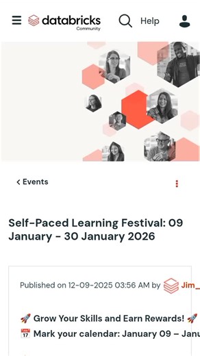 Hey there #igfamily . Complete 1 @databricksinc learning track and get 50% off any #databricks #certification and 20% off annual subscription. Promotion is now through January 30, 2026. https://community.databricks.com/t5/events/self-paced-learning-festival-09-january-30-january-2026/ev-p/141503 . . #certificationtraining #trainingdevelopment | Carla Jenkins | Facebook