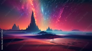 A dreamlike landscape of alien mountains with a cosmic nebula and distant star visible in the sky above