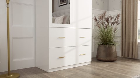 WIAWG 2 Door Wardrobe Armoire Closet with Mirror,Wooden Dresser Cabinet with Hanging Rod & 2 Drawers for Bedroom,White