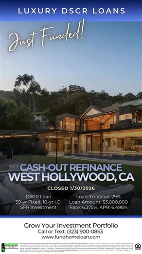 Just Funded! 3,000,000 DSCR Cash-Out Refinance in West Hollywood, CA #shorts