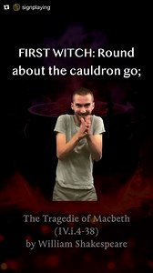 Sharing!!!! #whyisign #askmewhyisign #signlanguage #desfcommunity Happy Halloween! Enjoy this ASL translation of “Double, Double Toil and Trouble” by William Shakespeare (Macbeth, Act IV, scene i, lines 4-38) Image description: A white young man wearing a gray T-shirt is standing against a background showing a red-glowing cauldron. The title on the bottom says “The Tragedy of Macbeth (IV.i.4-38) by William Shakespeare”. Transcript: FIRST WITCH: Round about the cauldron go; In the poisoned entrai