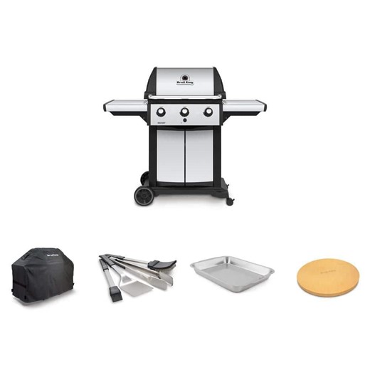 Broil King Signet 320 3-Burner Grill, 58 in. Grill Cover, 15 in. Pizza Stone, Tool Set, Roasting Pan Cooking Accessory (6-Piece) - The Home Depot