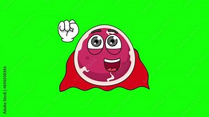Superhero beef cartoon flying with red cape, green screen animation of flying mascot