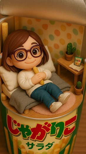 Welcome to the World of Jakari! Open the lid, and you’ll find a dreamy miniature world inside. A tiny sofa, some snacks, and a super chill moment. Would you like to relax here, too? Which character did you like the most? Check out the other videos and let me know in the comments! #3Dart #MiniatureWorld #AIArt #3DFigure #Cute3D #TinyAI