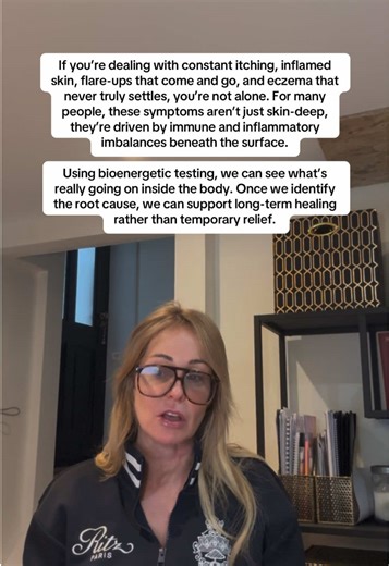 This is another moment from a bioenergetic testing results call with a client who’s been living with eczema. Her results flagged an inherited immune system sensitivity alongside heightened inflammatory responses, which can make the skin more reactive and slower to heal. Bioenergetic testing allows us to look beyond symptoms and identify what the body needs support with, whether that’s immune stress, inflammation, gut imbalance, hormonal strain, or underlying sensitivities that have been present 