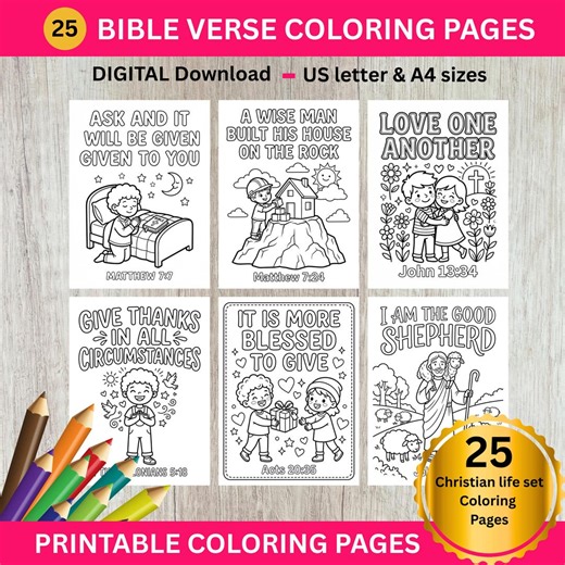 25 Christian Life Bible Verse Coloring Pages for Kids, Printable Christian Coloring Sheets Bundle, Sunday School Church, Homeschool Activity - Etsy
