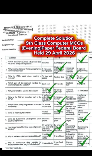 9th Class Computer MCQs Evening Paper Complete Solution | Federal Board | 2nd Shift | 29 April 2026