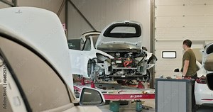 Mechanic working on car repair and body alignment in a clean, modern workshop. Various stages of vehicle repair visible. Modern Car Repair Workshop With Mechanic Working