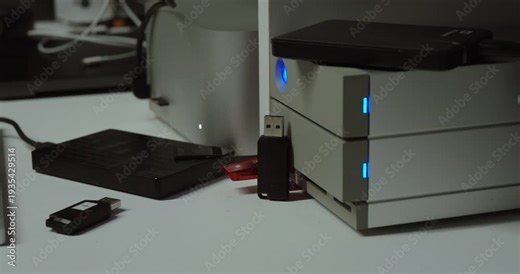 Close-up of external hard drives and USB sticks connected to a desktop server with active indicator lights, representing data backup, cloud synchronization, and digital storage management.