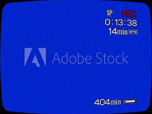 VHS interface on TV screen with chromakey. CRT old screen with date and timecode. Blue TV screen with noise vhs effect. Retro 80s, 90s.