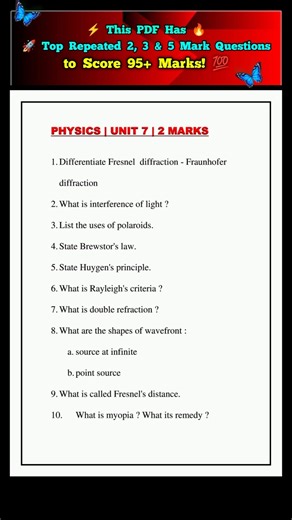 🔥 12th PHYSICS 2nd Midterm Important Questions | Repeated questions PDF | Units 7, 8, 9 ⚡