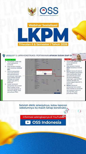 Hi, #temanbOSS Masih bingung cara mengisi dan menyampaikan LKPM di OSS? Pada video ini, #minbOSS membahas langkah-langkah penyampaian LKPM mulai dari memilih menu pelaporan, mengisi data realisasi penanaman modal, melaporkan progres kegiatan usaha, hingga mengirimkan laporan melalui sistem OSS. Saksikan panduan lengkapnya di kanal YouTube OSS Indonesia ya, #temanbOSS. 📺 Tonton video lengkapnya di: bit.ly/WebinarLKPM-TW2-2026 📄 Unduh materi lengkapnya di: bit.ly/LKPM-webinar Tonton sampai habis