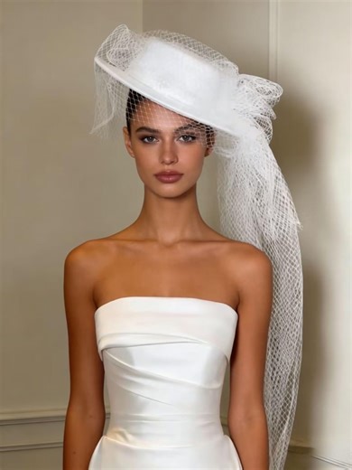 White Satin Boater Bridal Hat With Asymmetrical Net Veil Wedding Hat - Etsy
