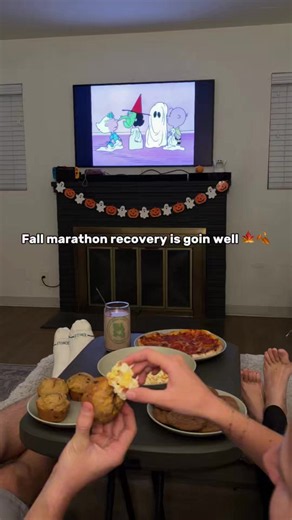 Pumpkin chocolate chip muffins, brown butter & maple chewy pumpkin cookies, and white chocolate candy corn popcorn while watching It’s the Great Pumpkin, Charlie Brown 🎃 We earned this. 🥳 #marathon #recovery #falltreats #cheatdayeats #runnersoftiktok