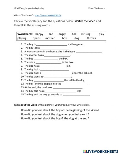 SelfCare-Perspective Beginning video: The Present worksheet