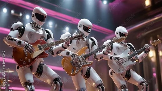 Vidéo Stock Robotic Rockstars: Captivating image showcases an advanced band of robots in a concert, expertly playing their electric guitars, demonstrating technological brilliance and creative performance.