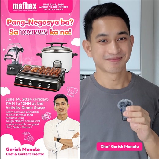 2.4K views · 27 reactions | Learn new and easy pang-negosyo recipes using Tough Mama Commercial Appliances with Chef Gerick Manalo! Drop by at World Trade Center (Activity Demo Stage) on June 14, 2024 (Friday) from 11AM to 12NN! Save the date and see you there mga Ka-Tough Mama! ✨ #EATSHERE #MAFBEX2024 #ToughMamaAppliances #ToughMama #ToughMamaMAFBEX2024 | Tough Mama Appliances | Facebook