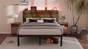 iPormis Queen Metal Bed Frame with LED Lights & Charging Station, Platform Bed with Ergonomic Storage Headboard, Steel Slats Supports, No Box Spring Needed, Noise-Free, Easy Assembly, Rustic