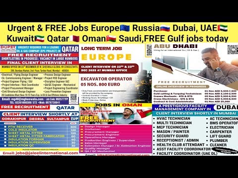 Urgent & FREE Jobs Europe🇪🇺 Russia🇷🇺 Dubai, UAE🇦🇪 Kuwait🇰🇼 Qatar🇶🇦 Oman🇴🇲 Saudi,FREE Gulf jobs today