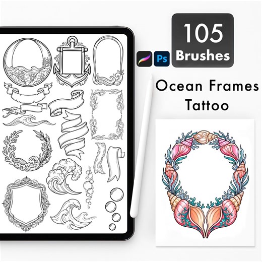 Ocean Frame Tattoo Brushes for Procreate & Photoshop | Nautical and Underwater Border Stamp Flash Pack - Etsy