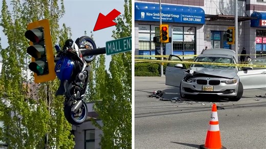 Motorcycle Hanging From Traffic Light After Canada Crash