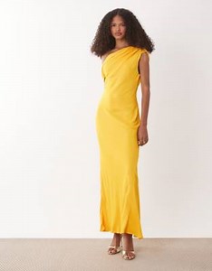 Nobody's Child Minka satin fallen shoulder maxi dress in yellow | ASOS