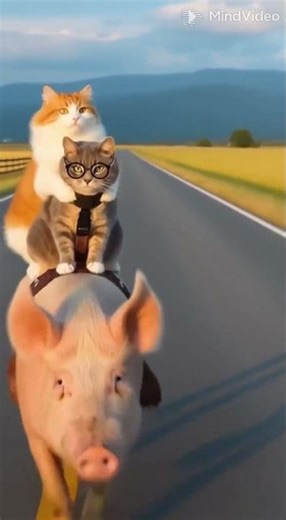 Cats Riding a Pig #funnycats #cutecats #animalvideo #catshorts