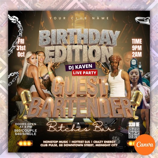 Birthday Edition Party Flyer, Nightclub Birthday Bash Flyer, Guest Bartender Club Flyer, Birthday Party Invitation, Canva Editable - Etsy