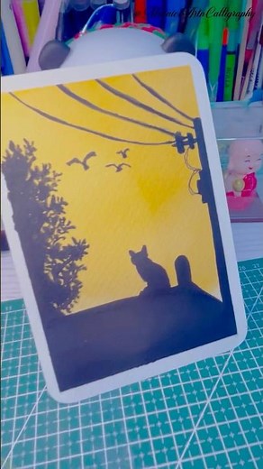 Easy GUACHE painting 🖼️ | CAT Silhouette Sunset Art🐈‍⬛ #art #shorts #ytshorts #viral
