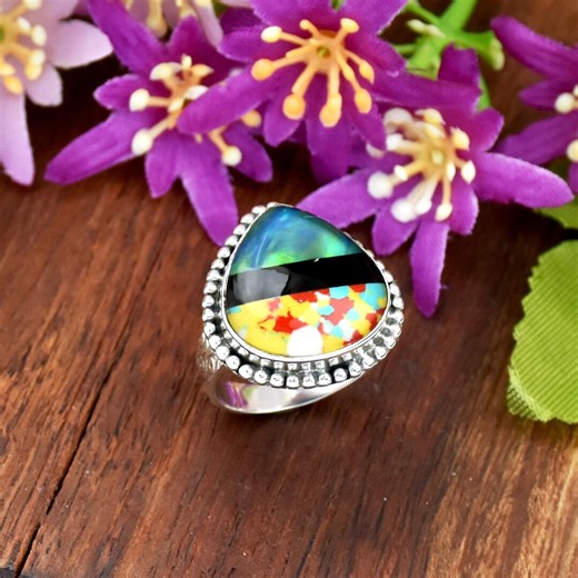 Aurora Opal Inlay Ring With Black Stripped, 925 Sterling Silver Textured Band, Southwestern Jewelry - Etsy