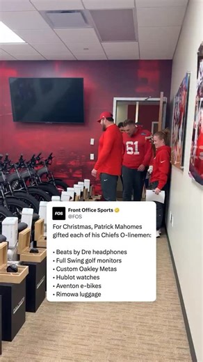Front Office Sports on Instagram: "Patrick Mahomes hooked each of his O-linemen up with a Hublot watch, an e-bike, and according to some players’ Instagram stories, a Playstation 5 🎁 (🎥 via @chiefs)"