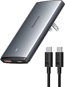 Baseus 65W Flat Wall Charger, 2 Port Ultra-Slim GaN Charger with Foldable Plug for MacBook, iPhone 15/14/13/Pro Max/XS, Samsung, iPad, Steam Deck with Charging Cable