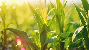 Close up of green corn field with sun light. Nature background, A modern farmer in a corn field using a digital tablet, AI Generated