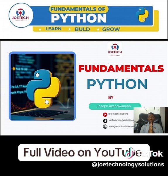 Want to learn Python programming from scratch? Join me for the Fundamentals of Python lecture series by Joetech Solutions. We'll explore programming concepts, write code, and build practical skills step by step. 🎓 Watch more lessons on YouTube. Subscribe to Joetech Solutions: 👉 https://youtube.com/@joetechsolutions Let's learn. Let's build. Let's grow. #LearnPython #PythonProgramming #CodingForBeginners #JoetechSolutions #fyp
