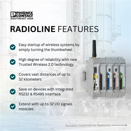 Phoenix Contact’s Radioline revolutionizes industrial automation with its Trusted Wireless 2.0 technology. Experience the ease of installation, flexibility of deployment, and reliability of communication. Ideal for process technology, water and wastewater, energy and conveying technology, and transportation technology. Upgrade your automation at https://phoe.co/Radioline-System #PhoenixContact #Radioline #IndustrialAutomation | Phoenix Contact SEA