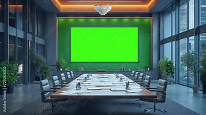 Modern Meeting Room with Conference Table with Various Documents on the Wall Big chroma key green screen TV mockup in office animation looping video backround