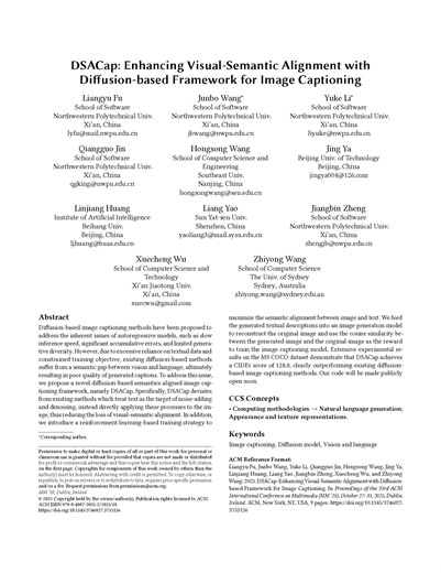 DSACap: Enhancing Visual-Semantic Alignment with Diffusion-based Framework for Image Captioning | Proceedings of the 33rd ACM International Conference on Multimedia