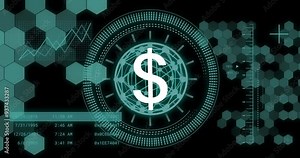 Processing financial data, dollar sign and network connections over hexagonal patterns