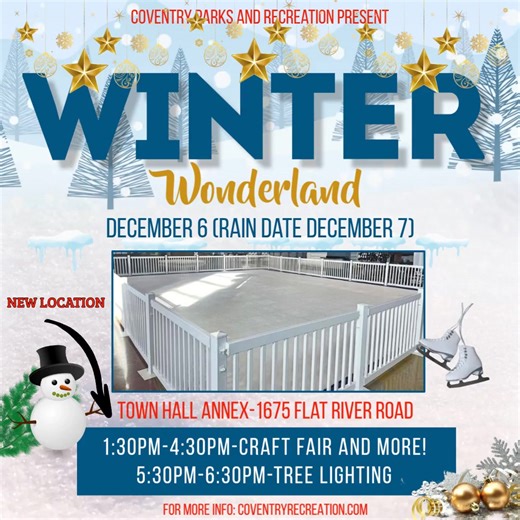 🎄 **Two Events in One — and a New Location!** 🎄 Join us for a day full of holiday cheer at the Town Hall Annex (1675 Flat River Road) on Saturday, December 6 (Rain Date: December 7) ✨ Winter Wonderland & Craft Fair 1:30 PM – 4:30 PM Enjoy: 🎁 Craft Vendors 🚚 Food Trucks ⛸️ Synthetic Ice Rink — Free Skating for Families! 🎅 Free Pictures with Santa 🎨 Free Face Painting 🎠 Horse & Carriage Rides 🎀 Free Gift-Wrapping Station …and more festive fun for the whole family! 🌟 Annual Tree Lighting (