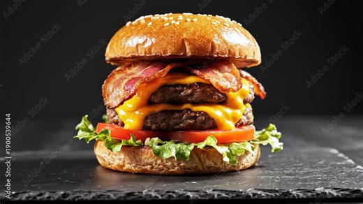 Seamless loop of a perfectly constructed towering bacon cheddar cheeseburger rotating slowly on a clean dark slate surface ready for commercial use seamless loop, high definition, menu advertising