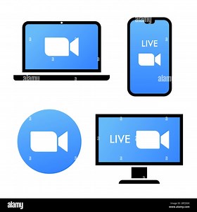 Blue camera icon - Live media streaming application on different devices - laptop, smartphone, tv, tablet, monitor, conference video calls with Stock Vector Image & Art - Alamy